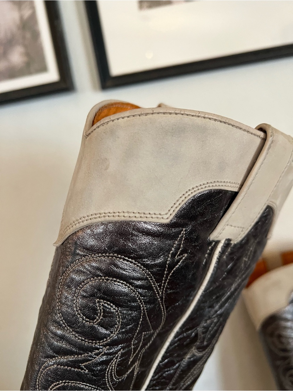 Vintage Frye Stitch Tall Mustang Western Heel Cowgirl Boots Silver/Beige Sz 10M - Picture 14 of 17